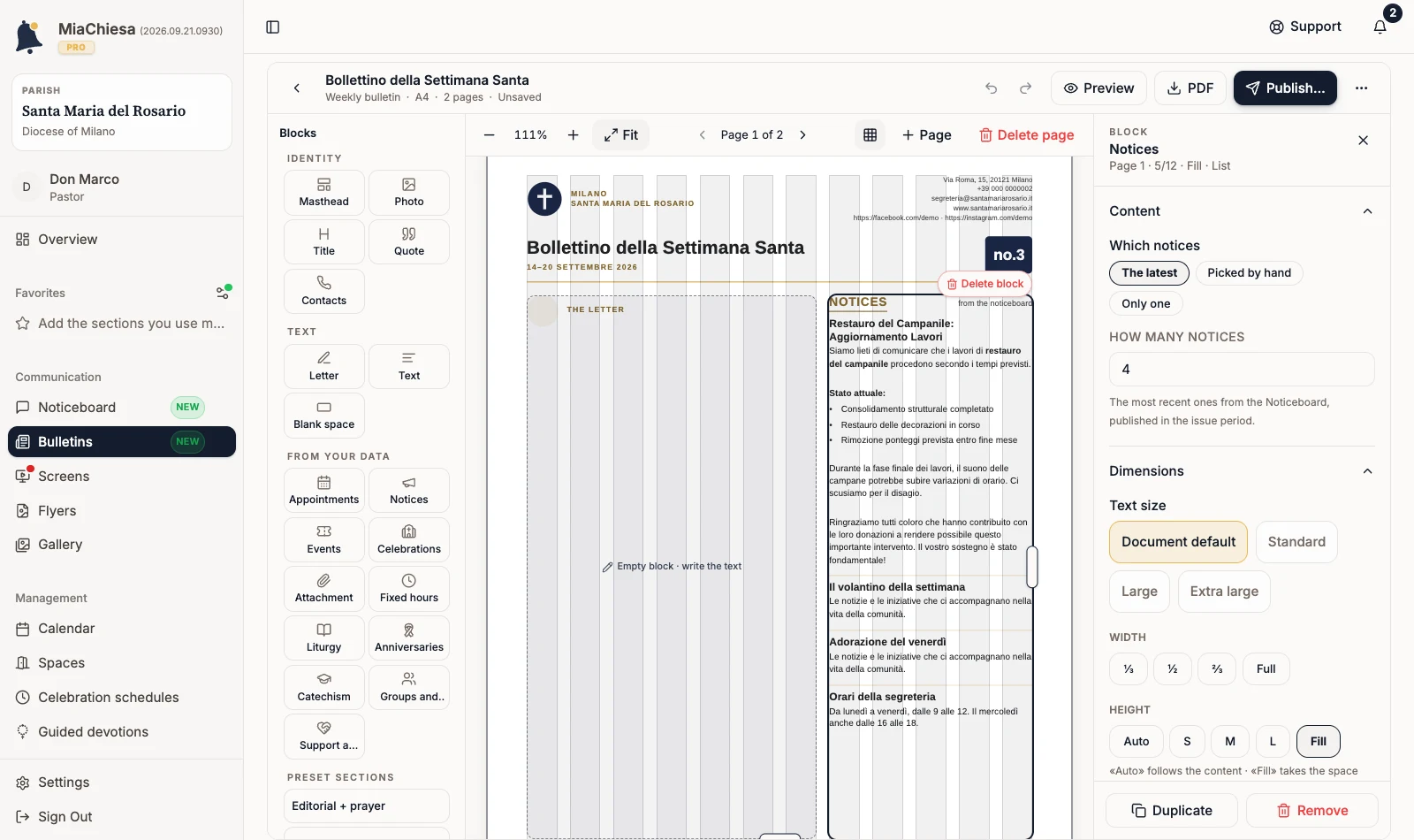 Bulletin composer with the Notices block selected and Which notices open