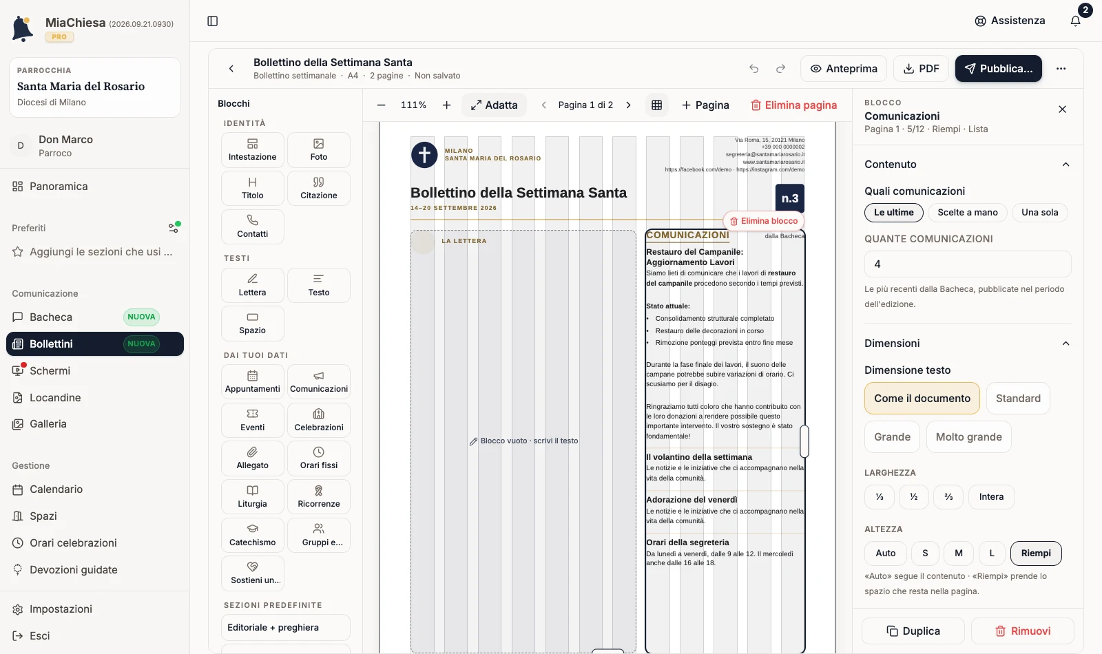 Compositore del bollettino con il blocco Comunicazioni selezionato e il pannello Quali comunicazioni aperto