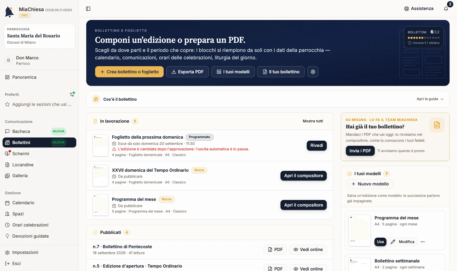 Home del Bollettino con le prossime edizioni e le edizioni già pubblicate