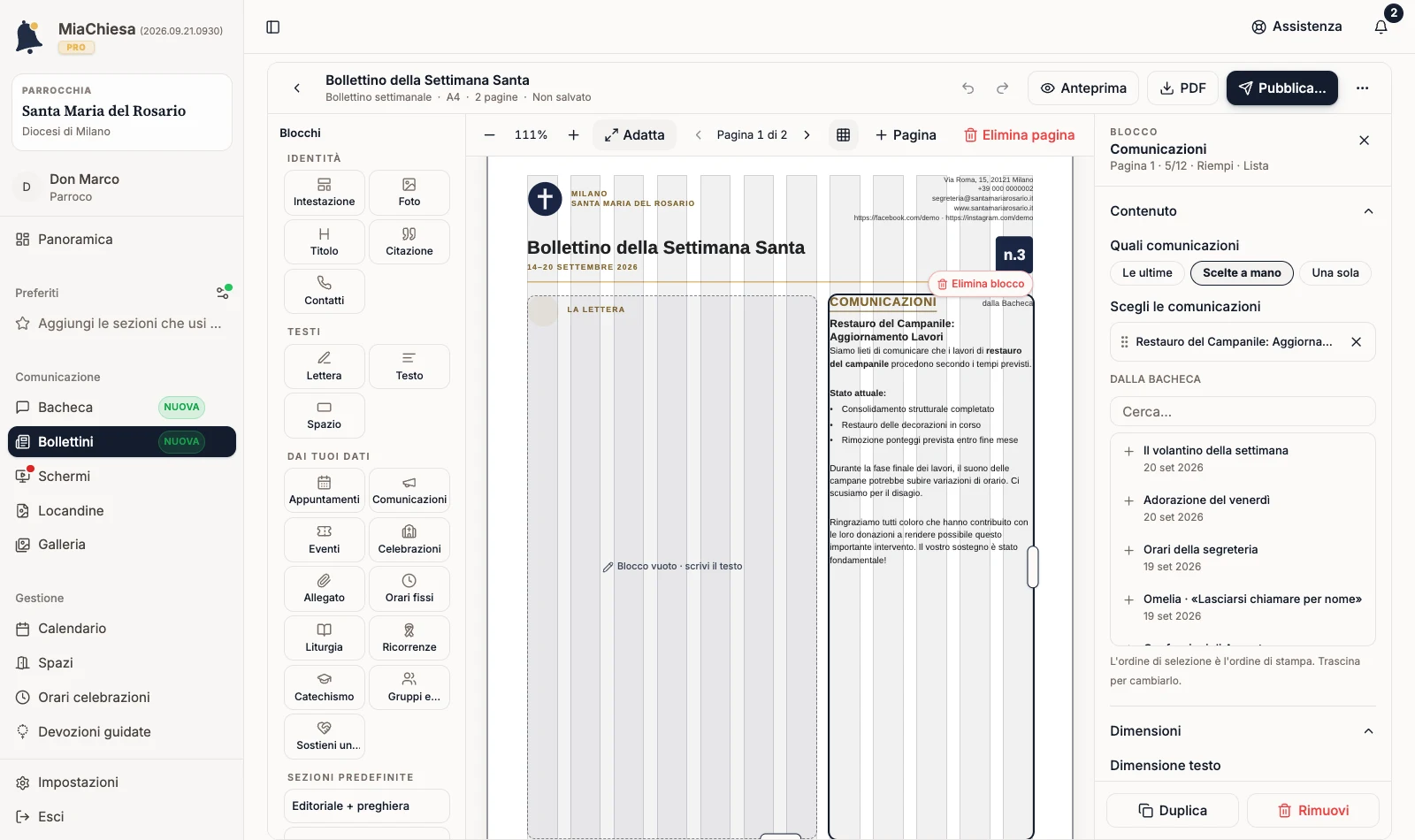 Blocco Comunicazioni in modalità Scelte a mano con Restauro del Campanile selezionato