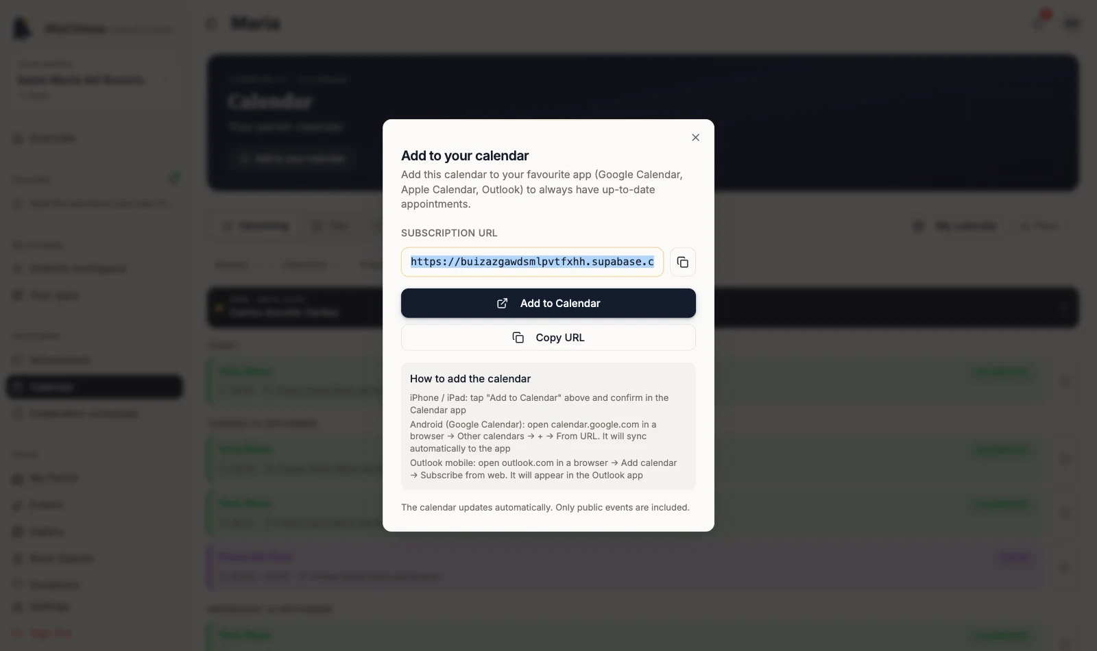 Add to your calendar dialog with Subscription URL and Copy URL button