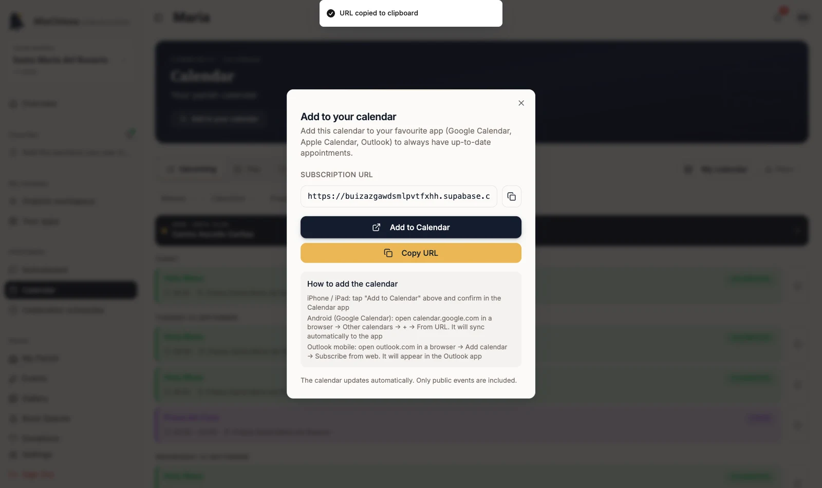 URL copied to clipboard confirmation above the subscription dialog