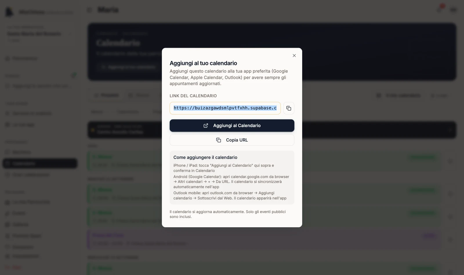 Finestra Aggiungi al tuo calendario con Link del calendario e pulsante Copia URL