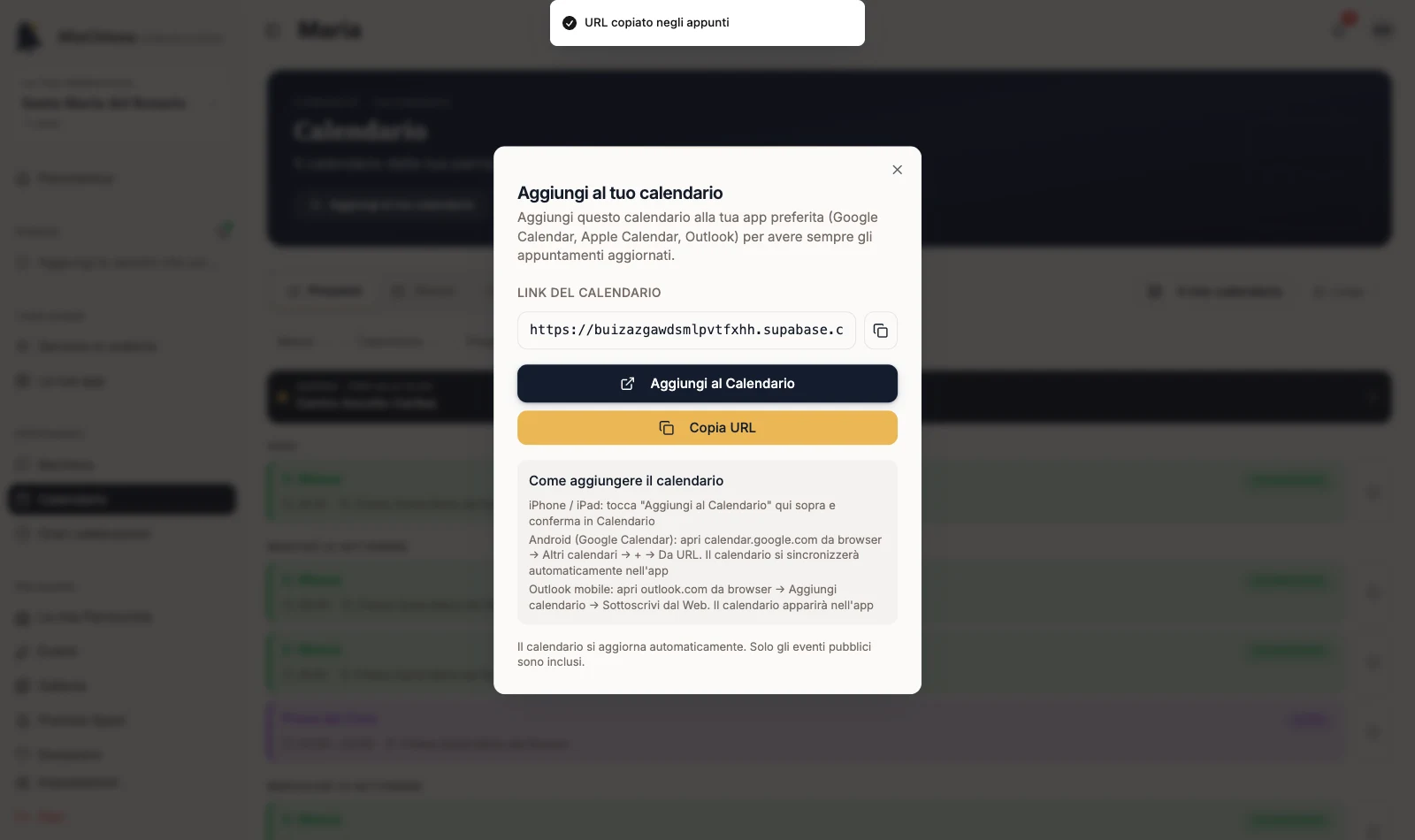 Conferma URL copiato negli appunti sopra la finestra di sottoscrizione