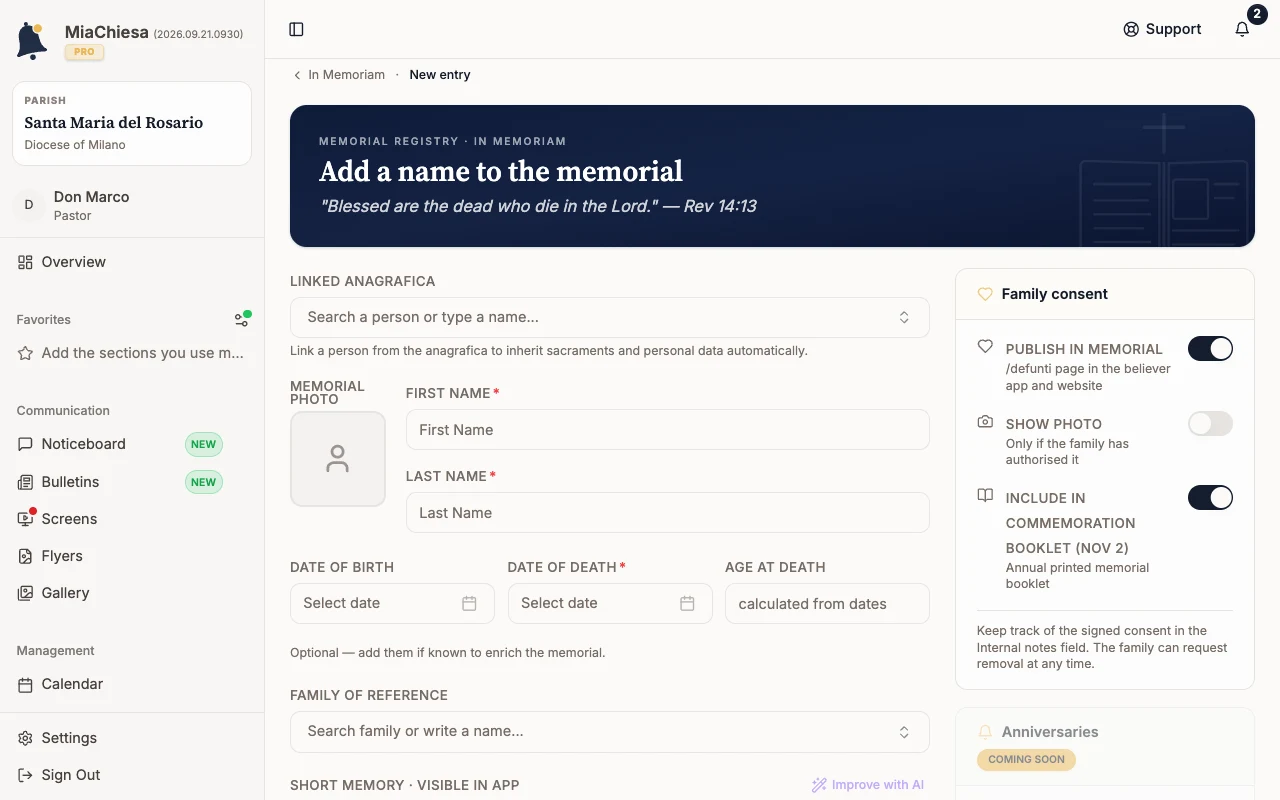 Add a person to the memorial register: Open the new entry