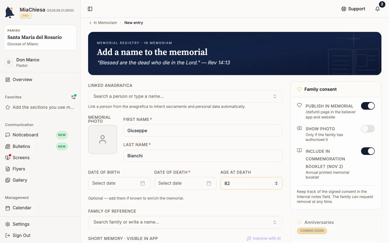 Memorial record with first name, surname, and age filled in