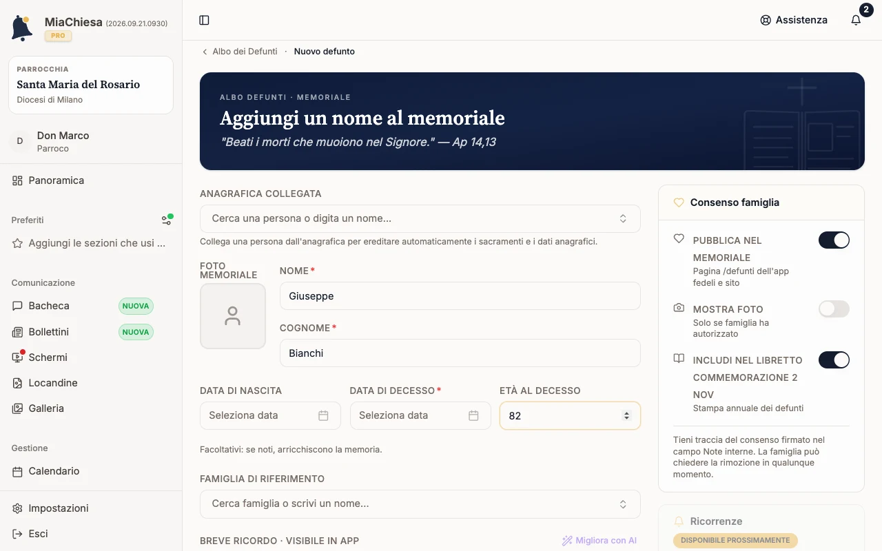 Scheda del defunto con nome, cognome ed età compilati