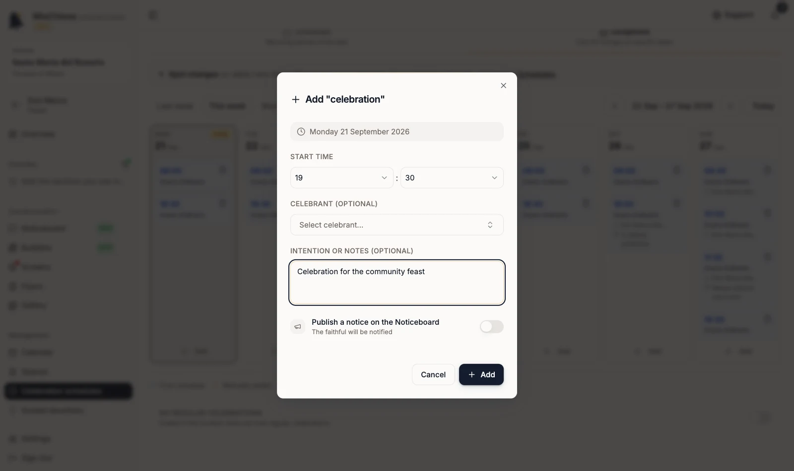 Add celebration dialog with a time and note entered