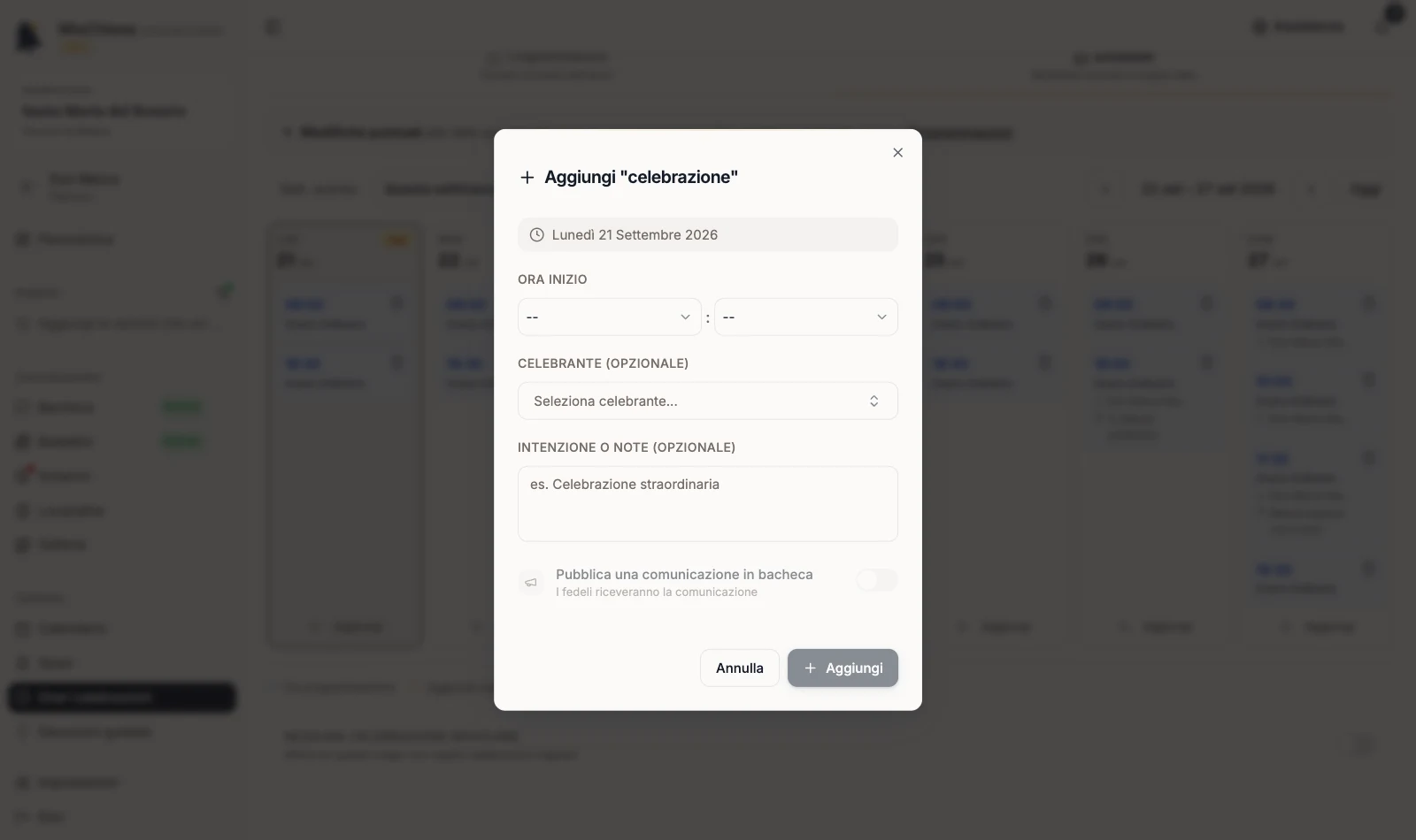 Dialog Aggiungi celebrazione aperto su una data del calendario