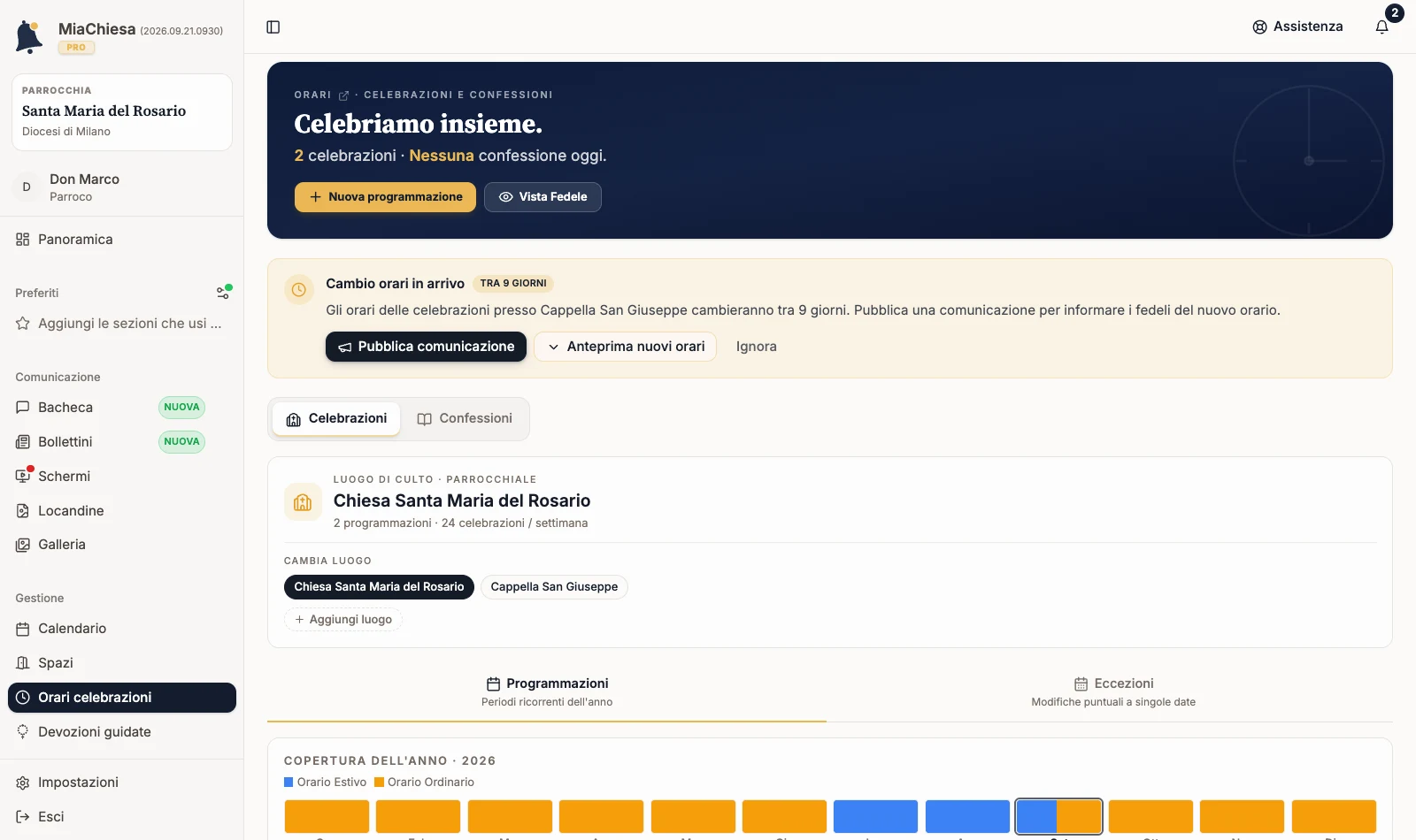 Pagina Orari con il luogo di culto e le schede Programmazioni ed Eccezioni