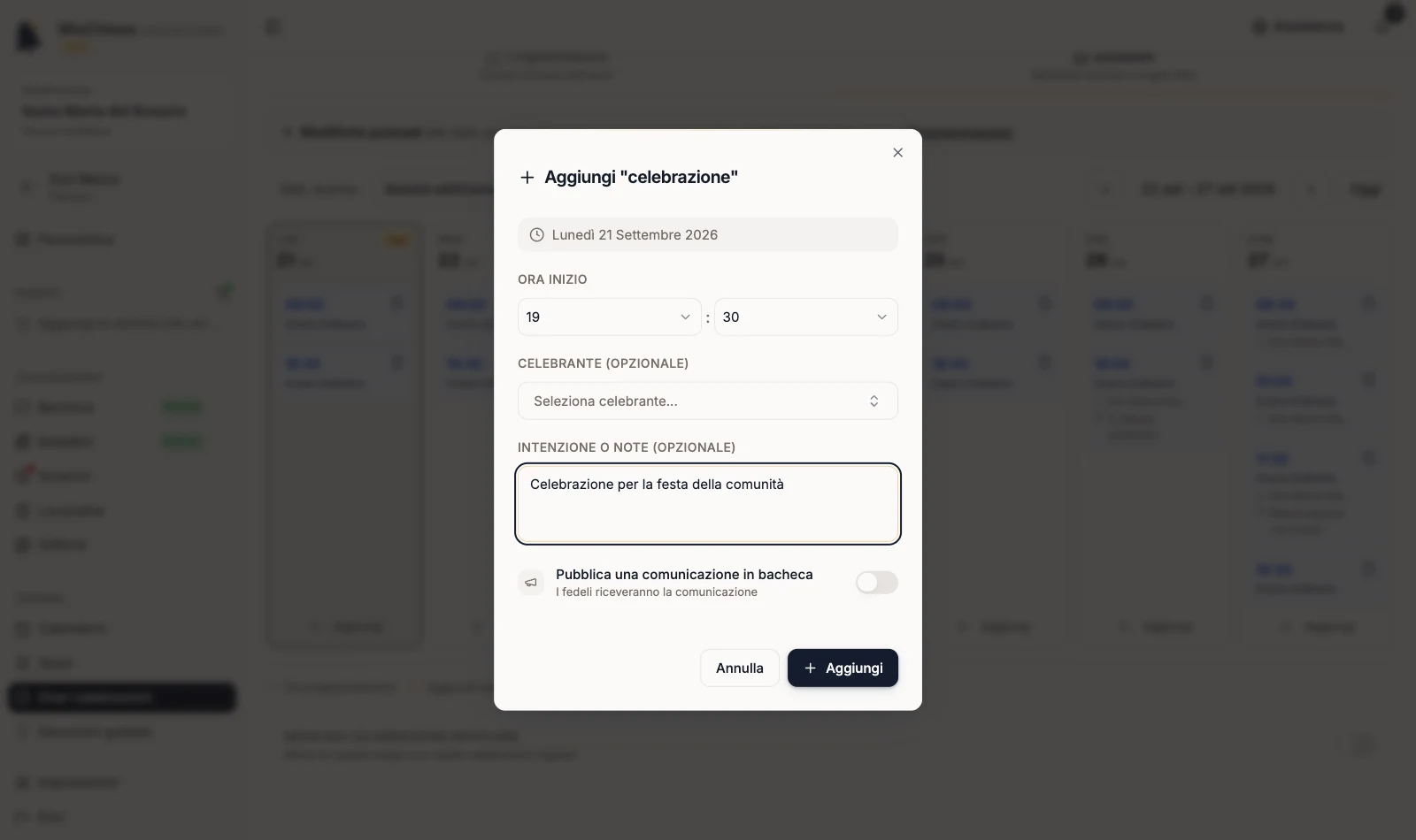 Dialog Aggiungi celebrazione con ora e nota compilate
