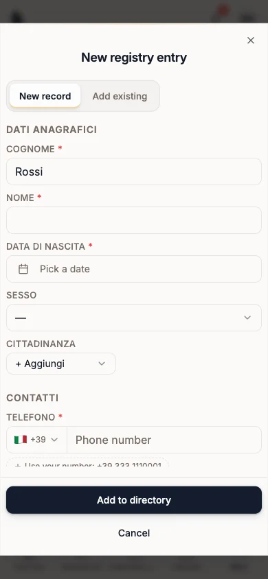 New registry entry dialog for the family member