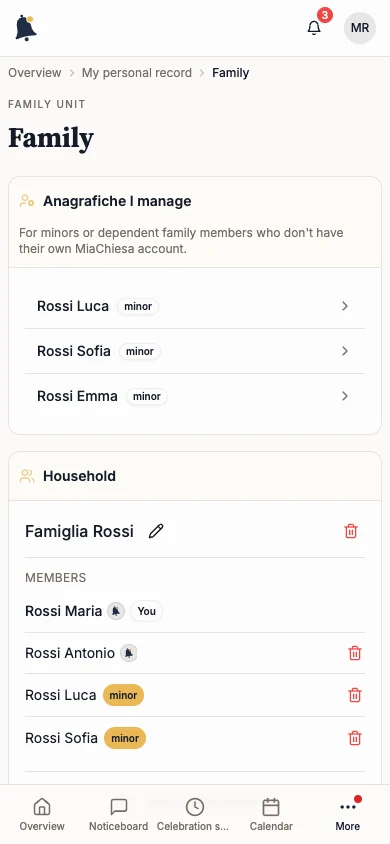 Family tab with the household and the Add family member command