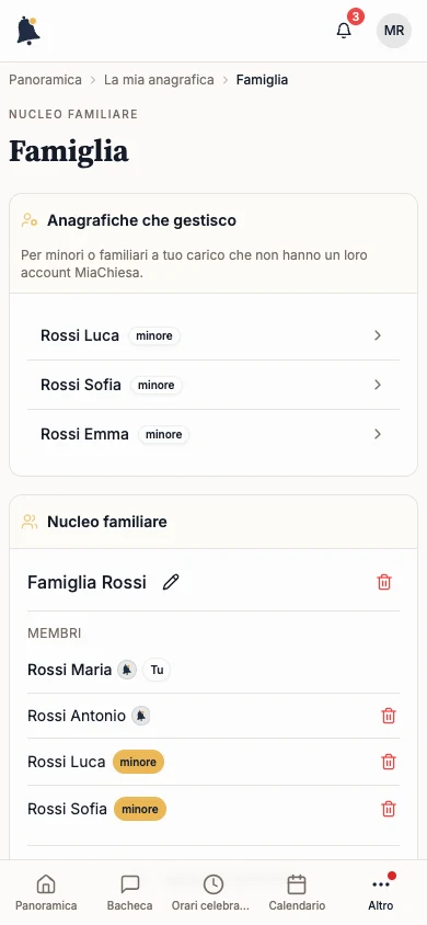 Scheda Famiglia con il nucleo e il comando Aggiungi familiare