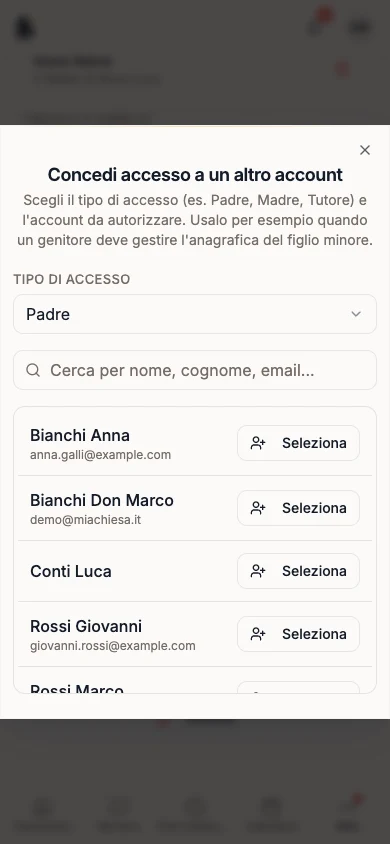 Finestra Concedi accesso a un altro account con Tipo di accesso