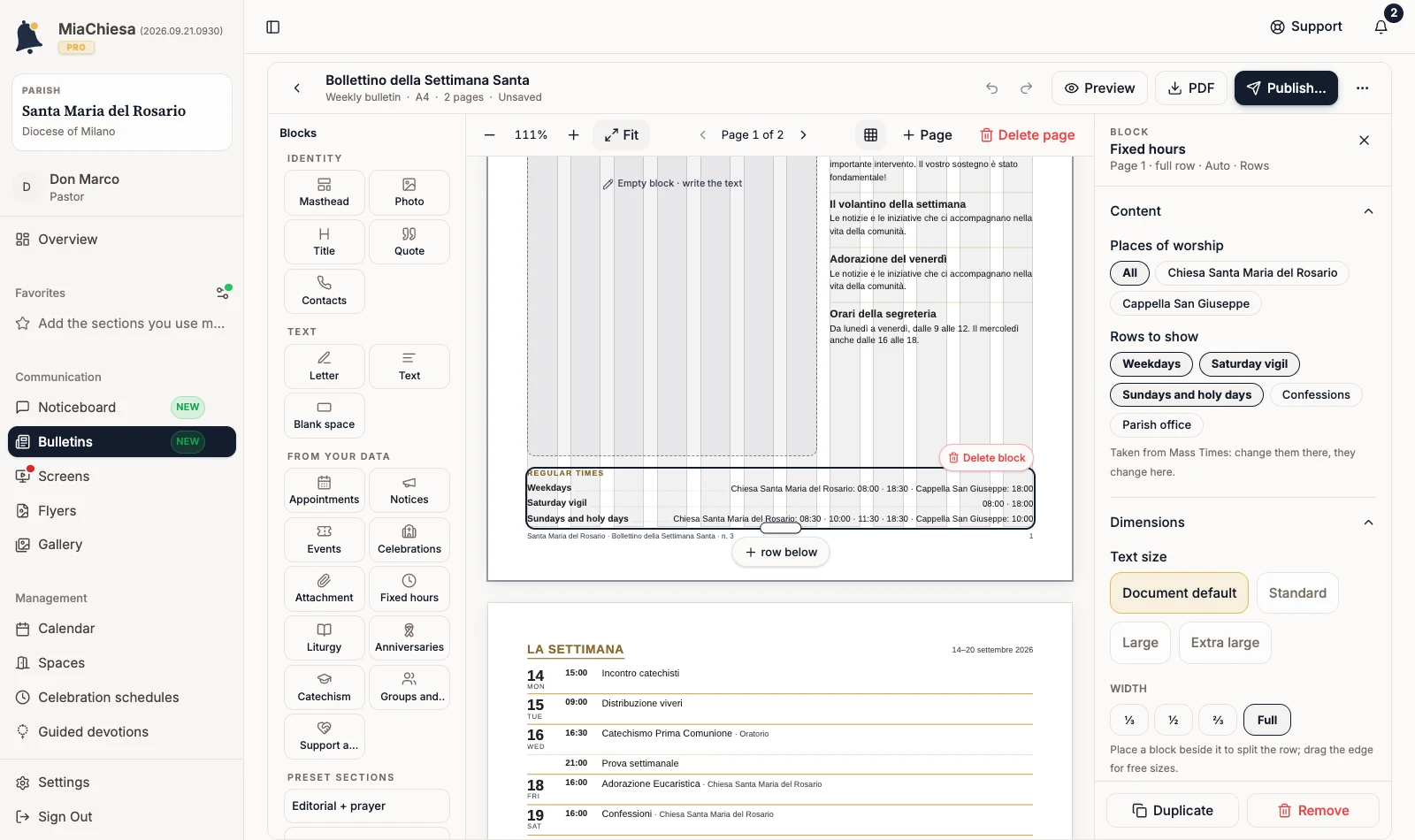 Bulletin composer with Fixed hours selected and Places of worship and Rows to show available