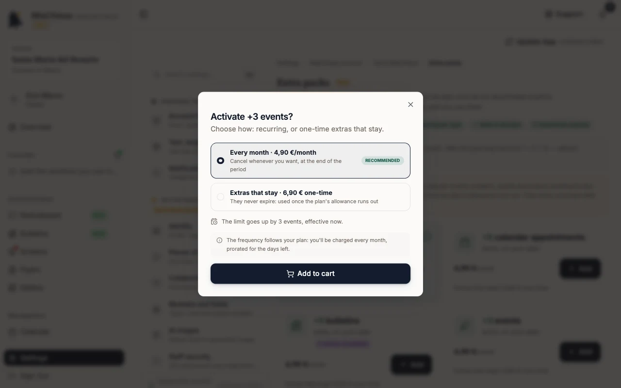 Activate +3 events? dialog with Add to cart