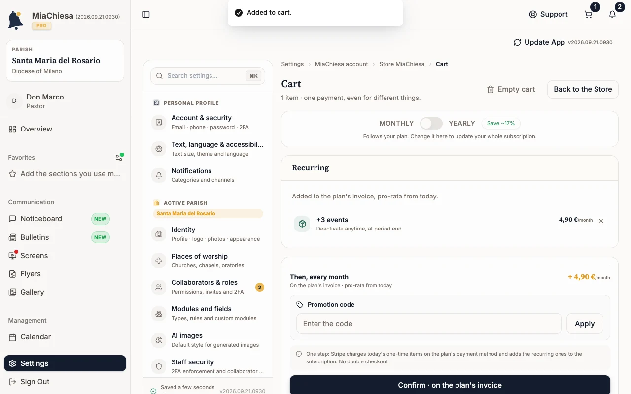 Cart with the Confirm on the plan’s invoice button