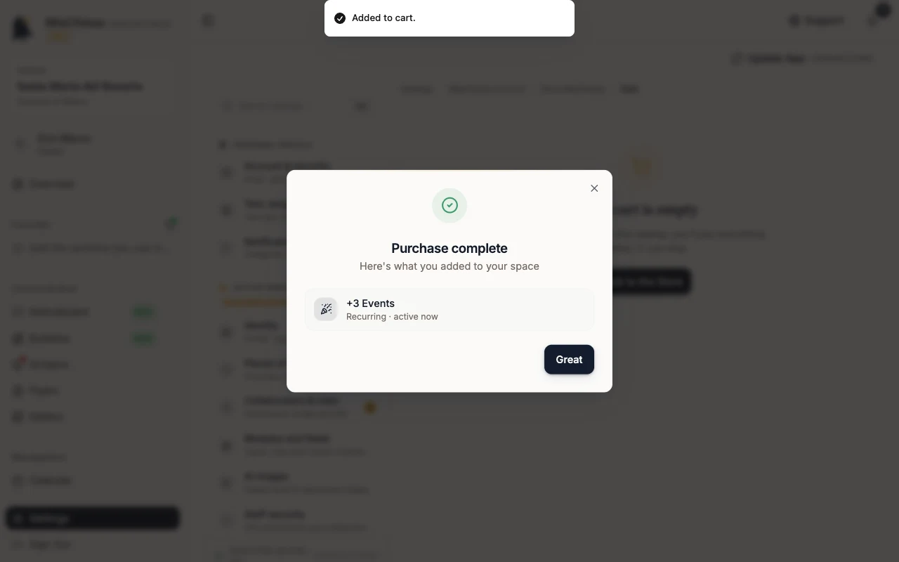 Purchase complete dialog with the recurring pack