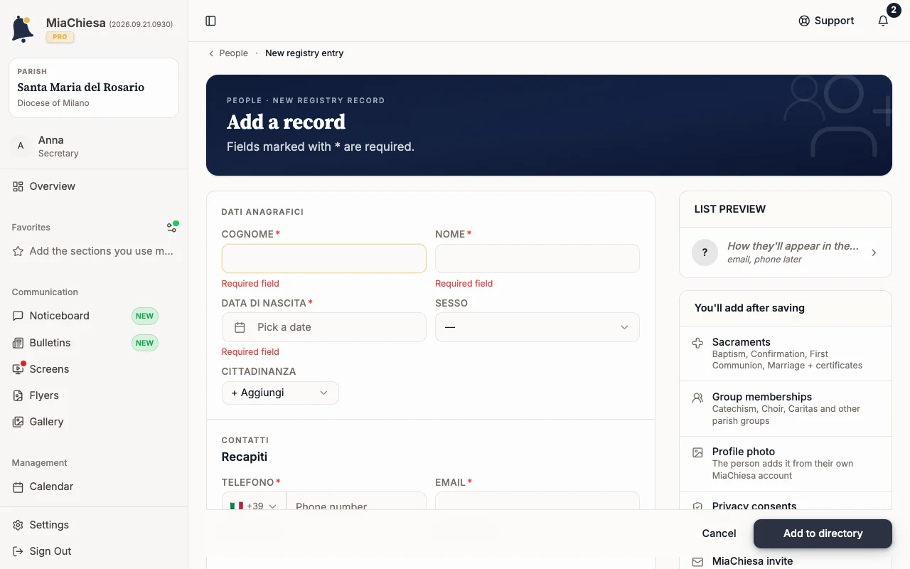 Add a person to the directory: Select Add to registry