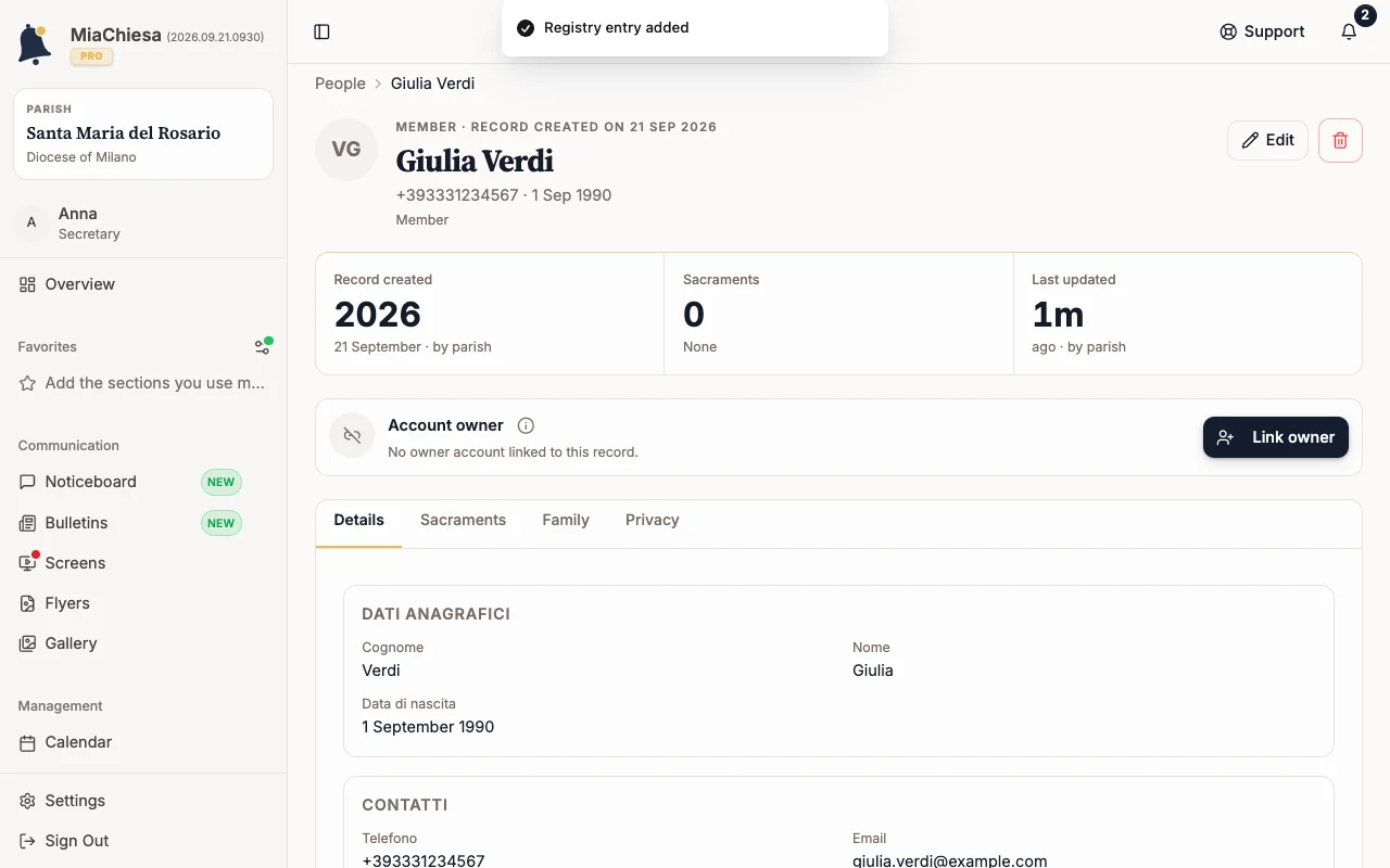 Saved record for Giulia Verdi with the Edit action