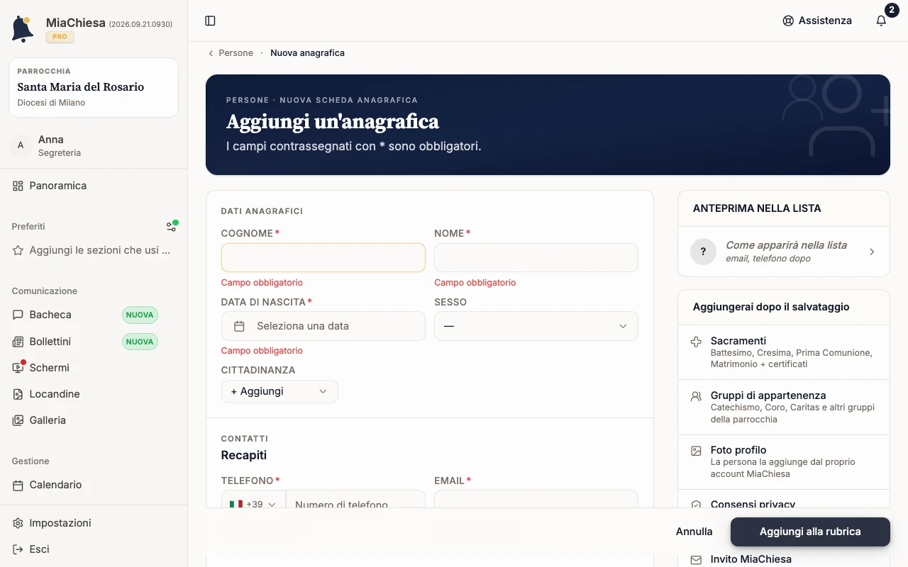 Aggiungi una persona all’anagrafica: Seleziona Aggiungi anagrafica