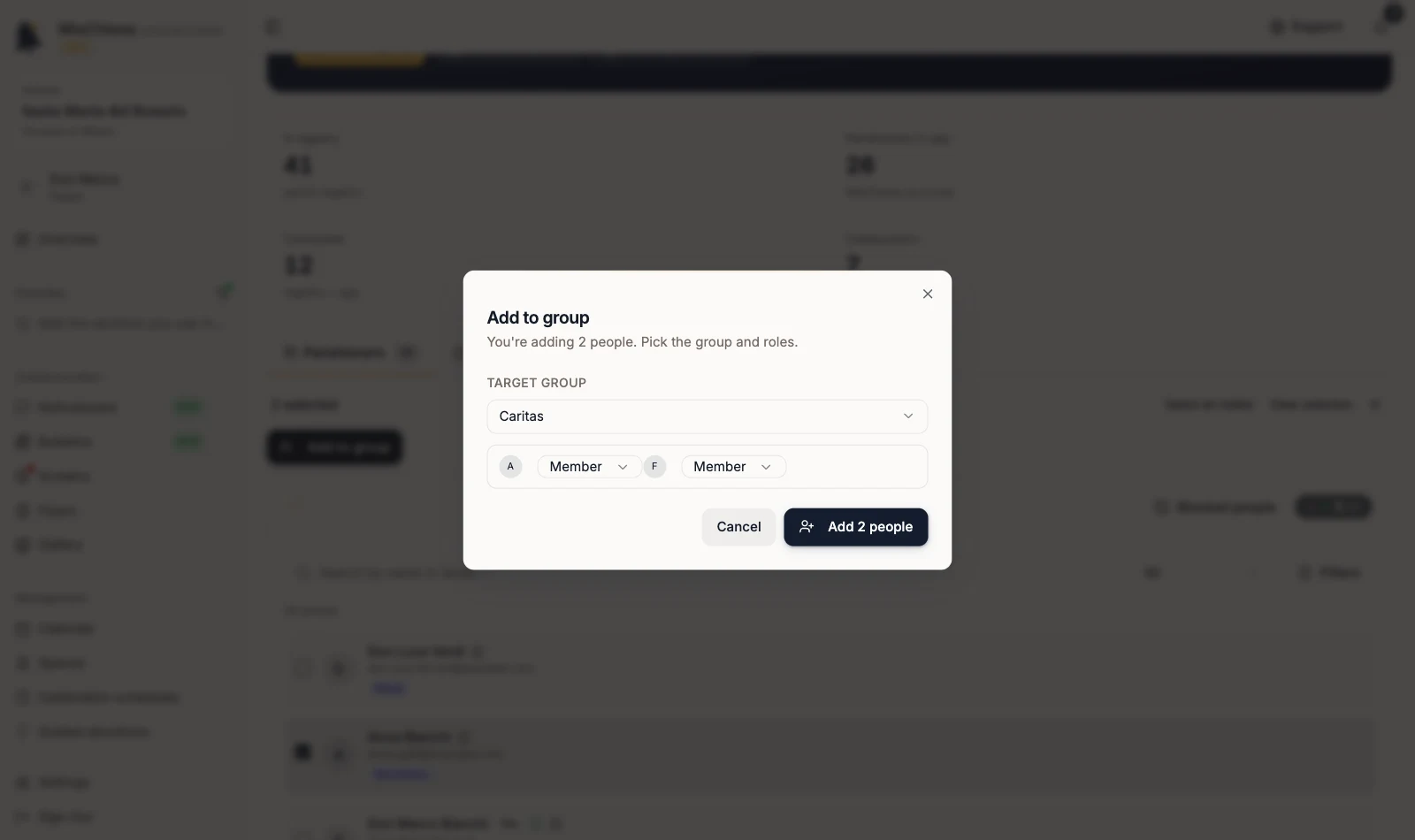 Add to group dialog with Caritas and Add 2 people