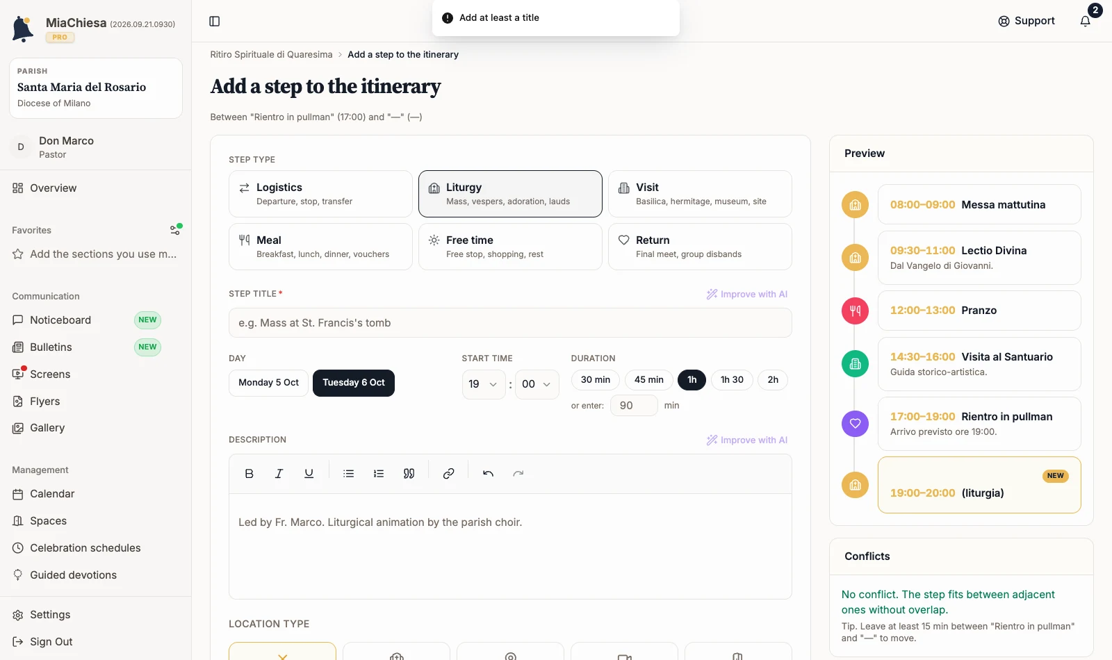 New itinerary step form with the required title still empty