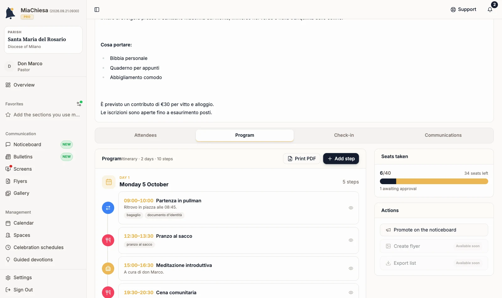 Event Program tab with the itinerary and Add step action
