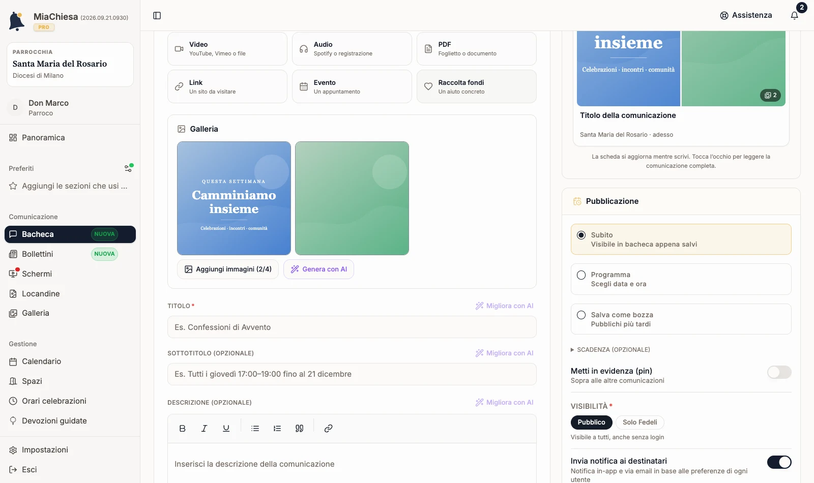Editor della comunicazione con due immagini caricate nella galleria
