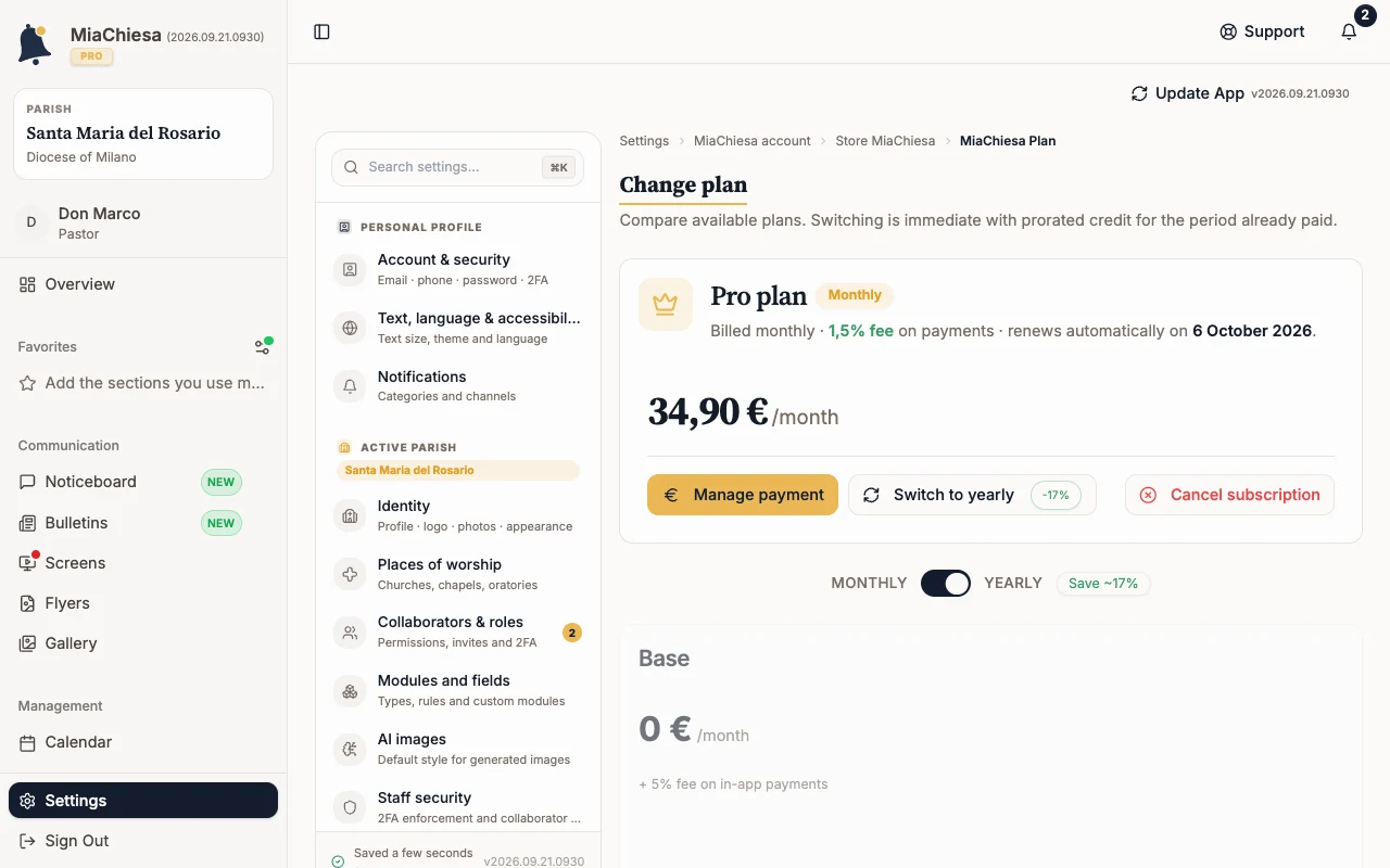 Pro plan card with the Cancel subscription button
