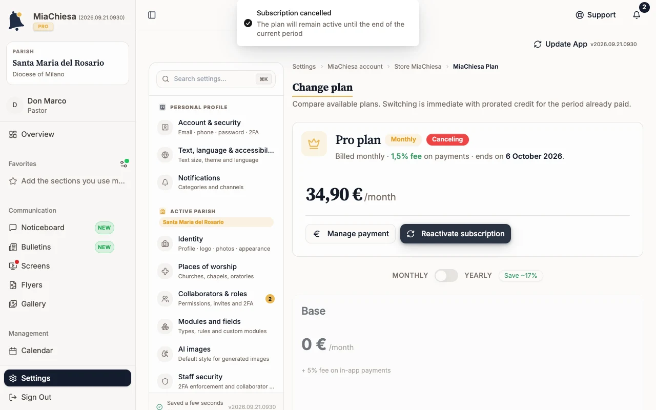 Plan with the Canceling badge and Reactivate subscription