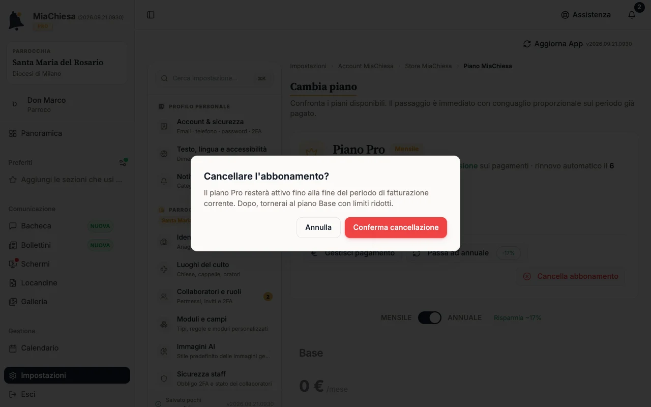 Finestra Cancellare l’abbonamento? con Conferma cancellazione