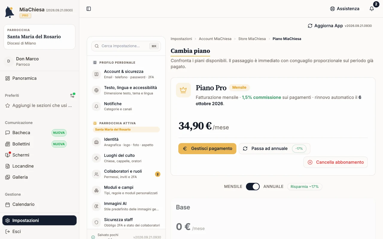Scheda Piano Pro con il pulsante Cancella abbonamento
