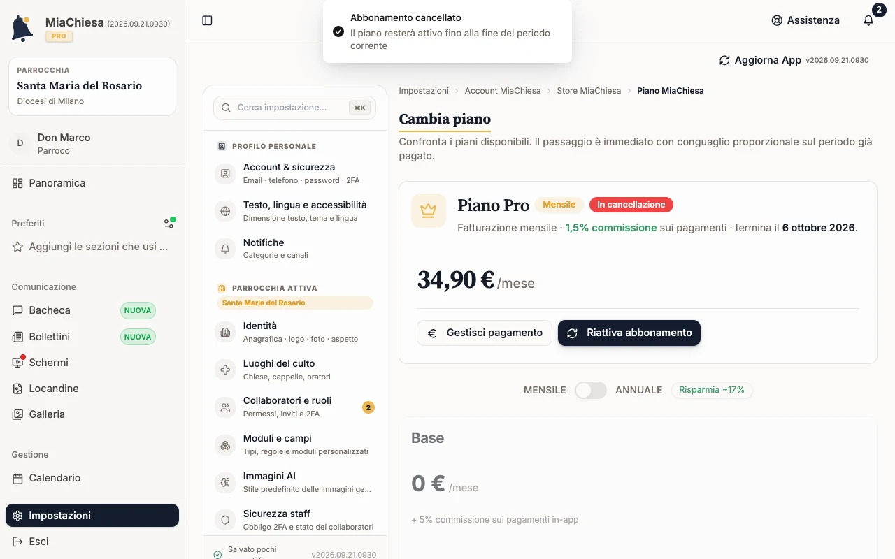 Piano con badge In cancellazione e Riattiva abbonamento