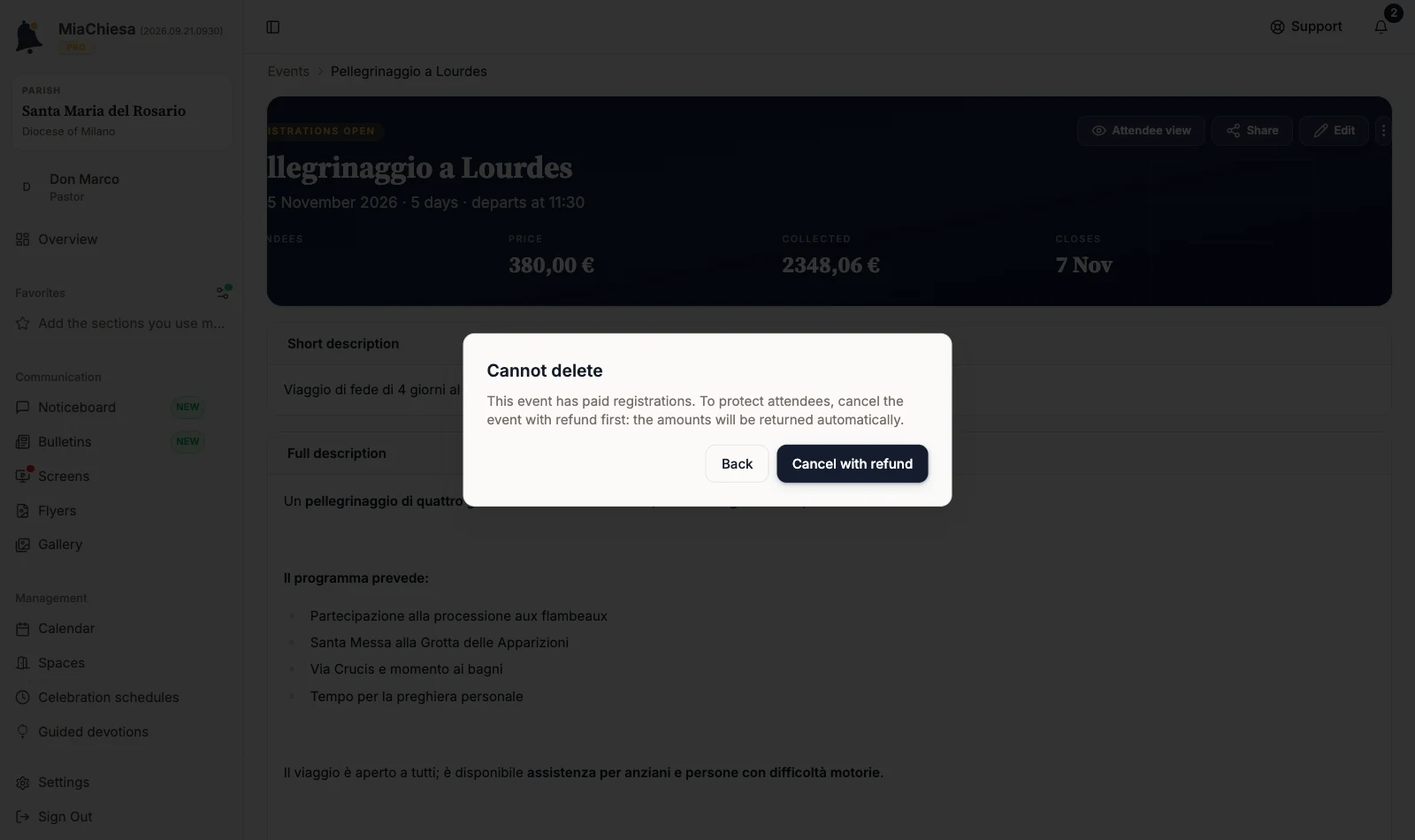Cannot delete dialog with Cancel with refund