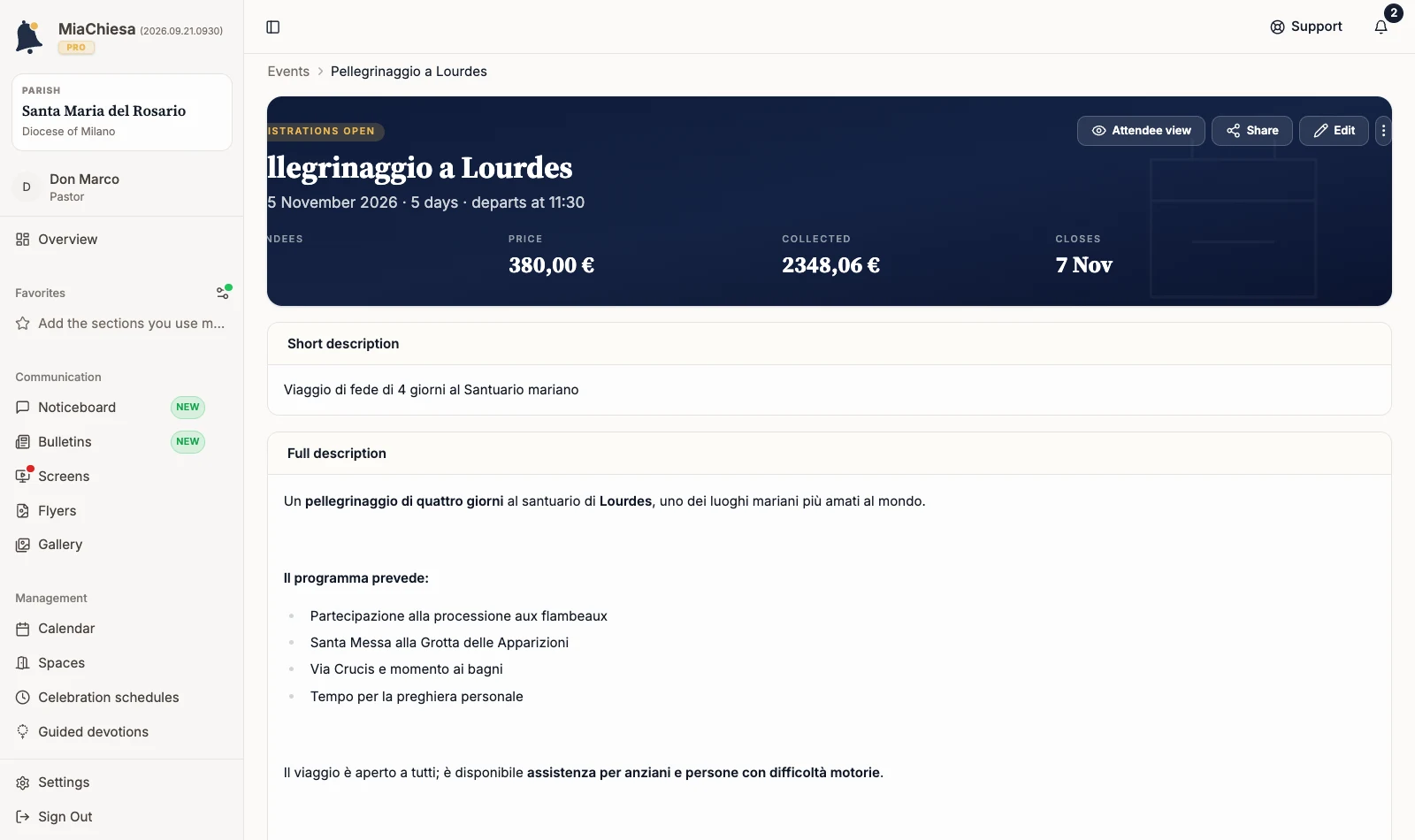 Event page with the More actions command
