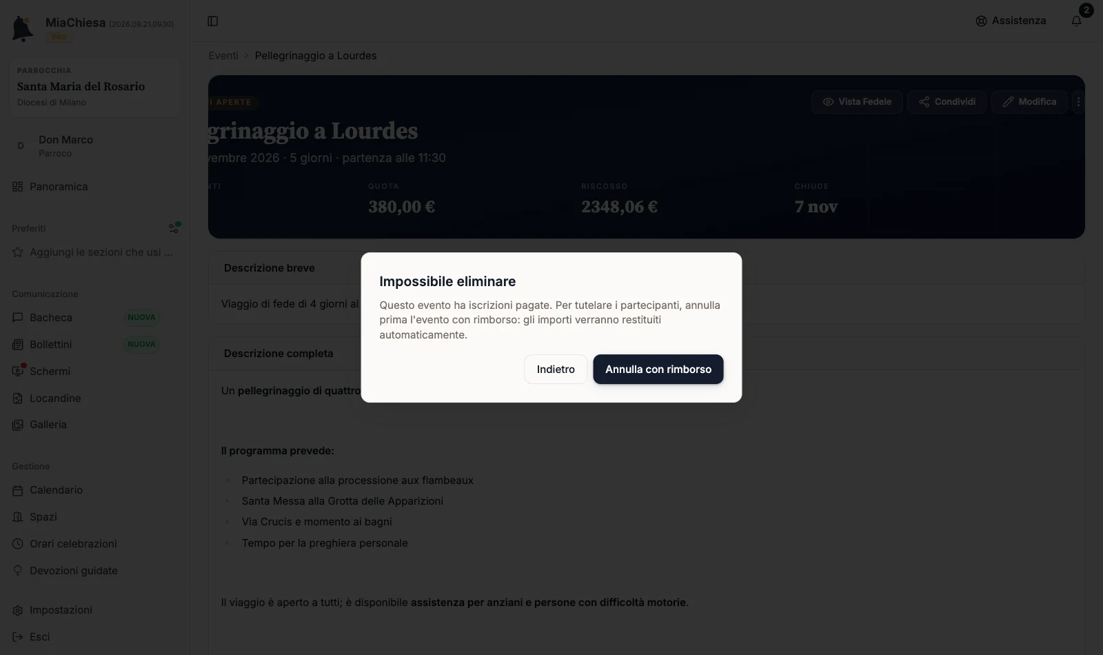 Finestra Impossibile eliminare con Annulla con rimborso