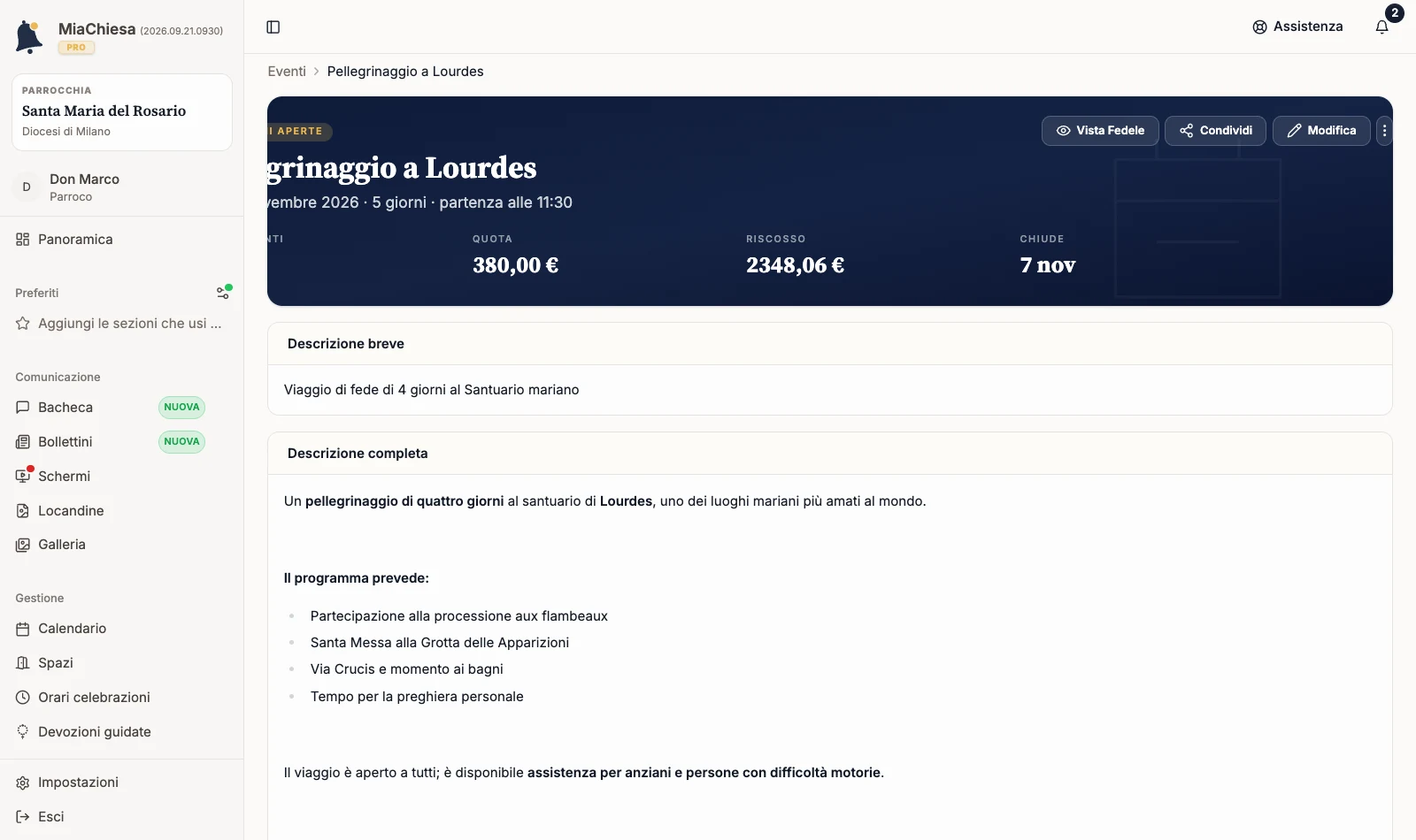 Pagina dell’evento con il comando Altre azioni