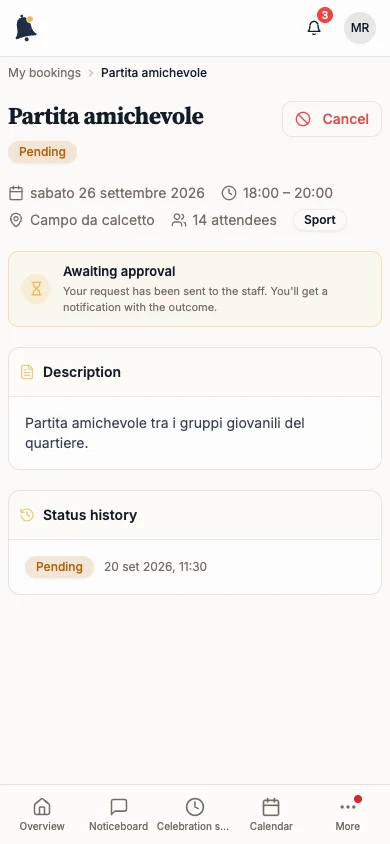 Pending booking with the Cancel button