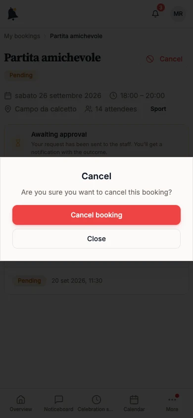 Confirmation window with Cancel booking
