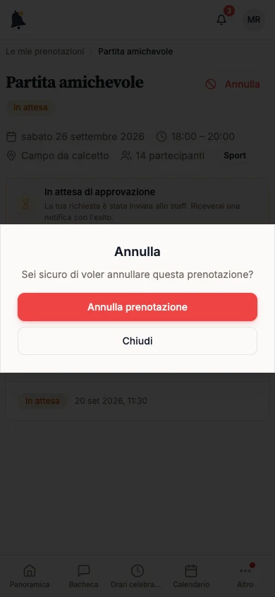 Finestra di conferma con Annulla prenotazione
