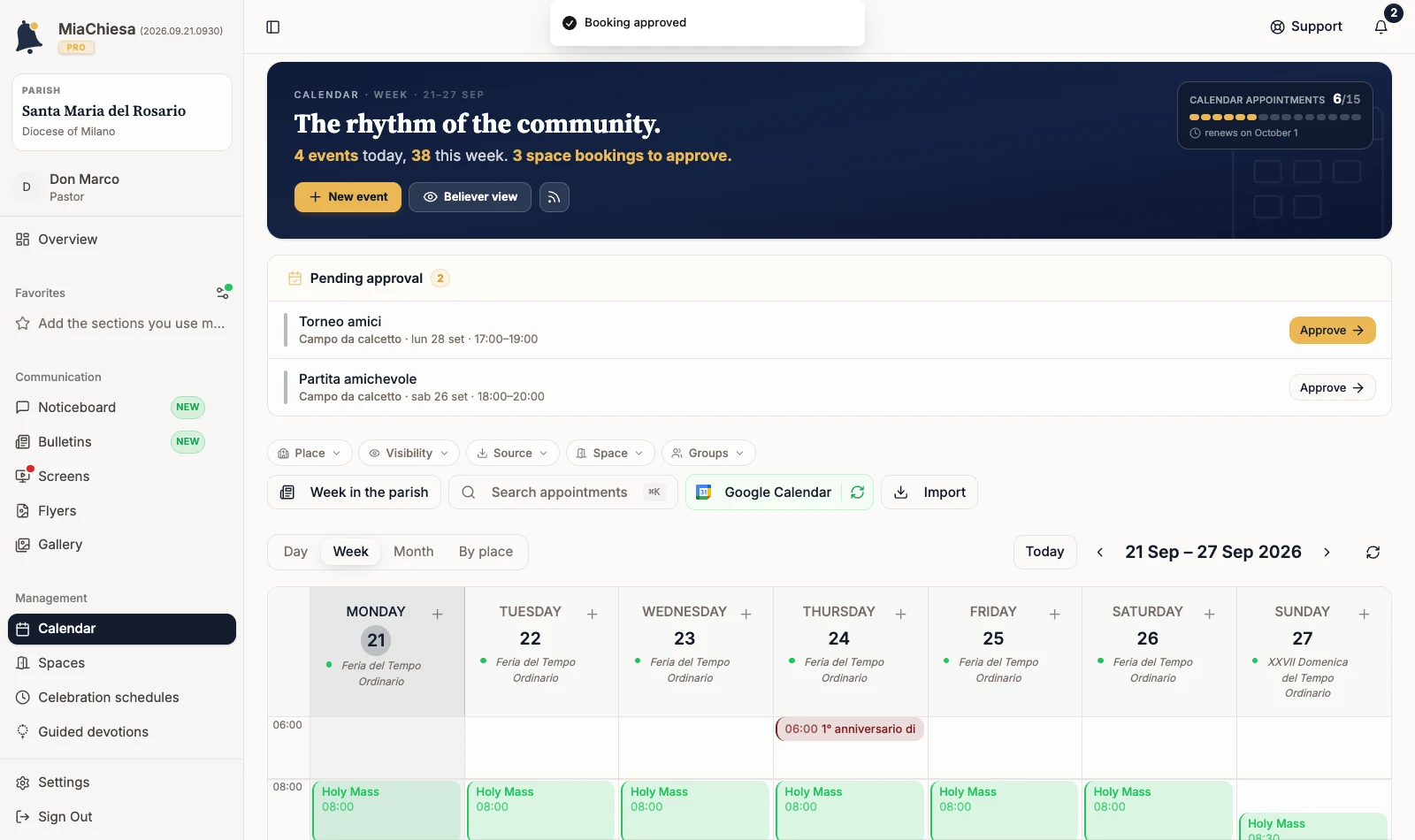 Calendar after approval with a Booking approved confirmation
