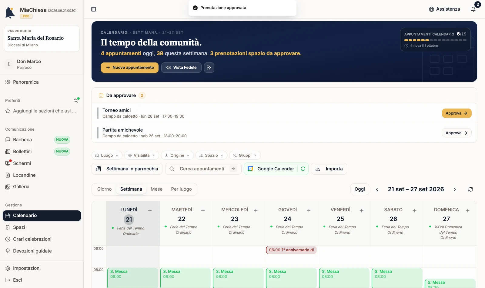 Calendario dopo l’approvazione con la conferma Prenotazione approvata
