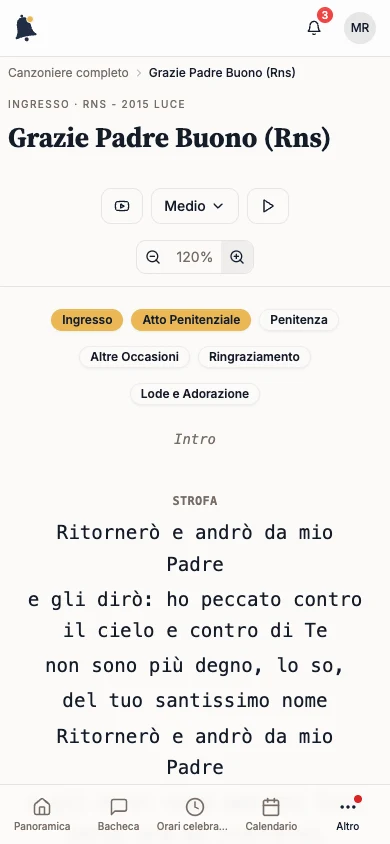 Testo del canto ingrandito al 120 per cento