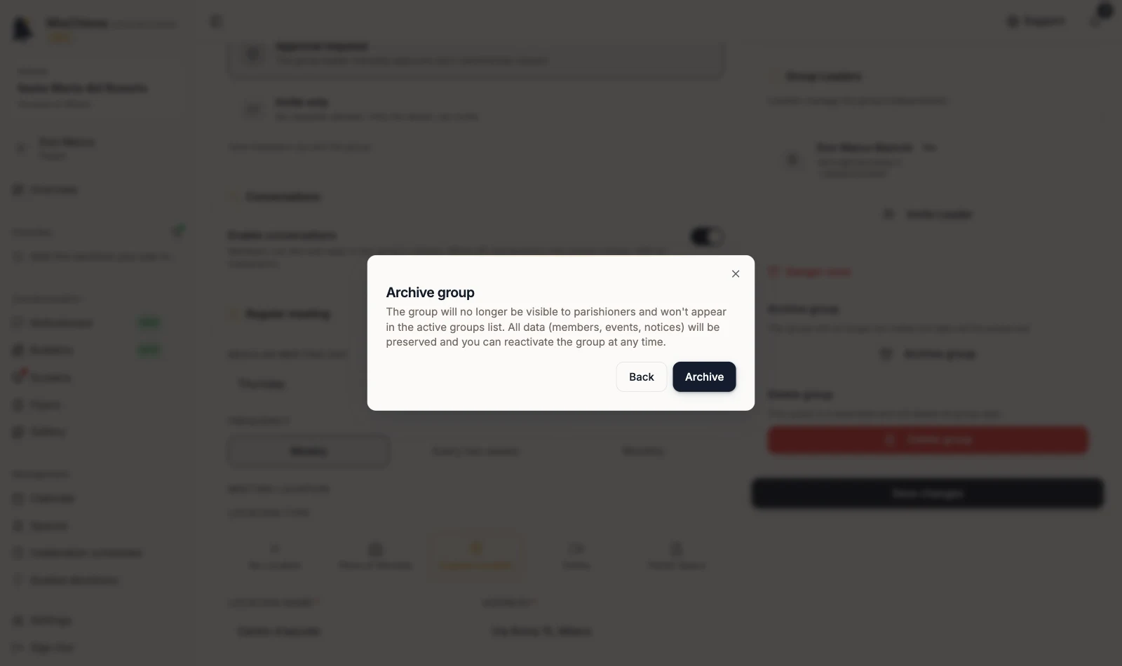 Archive group confirmation with the Archive button
