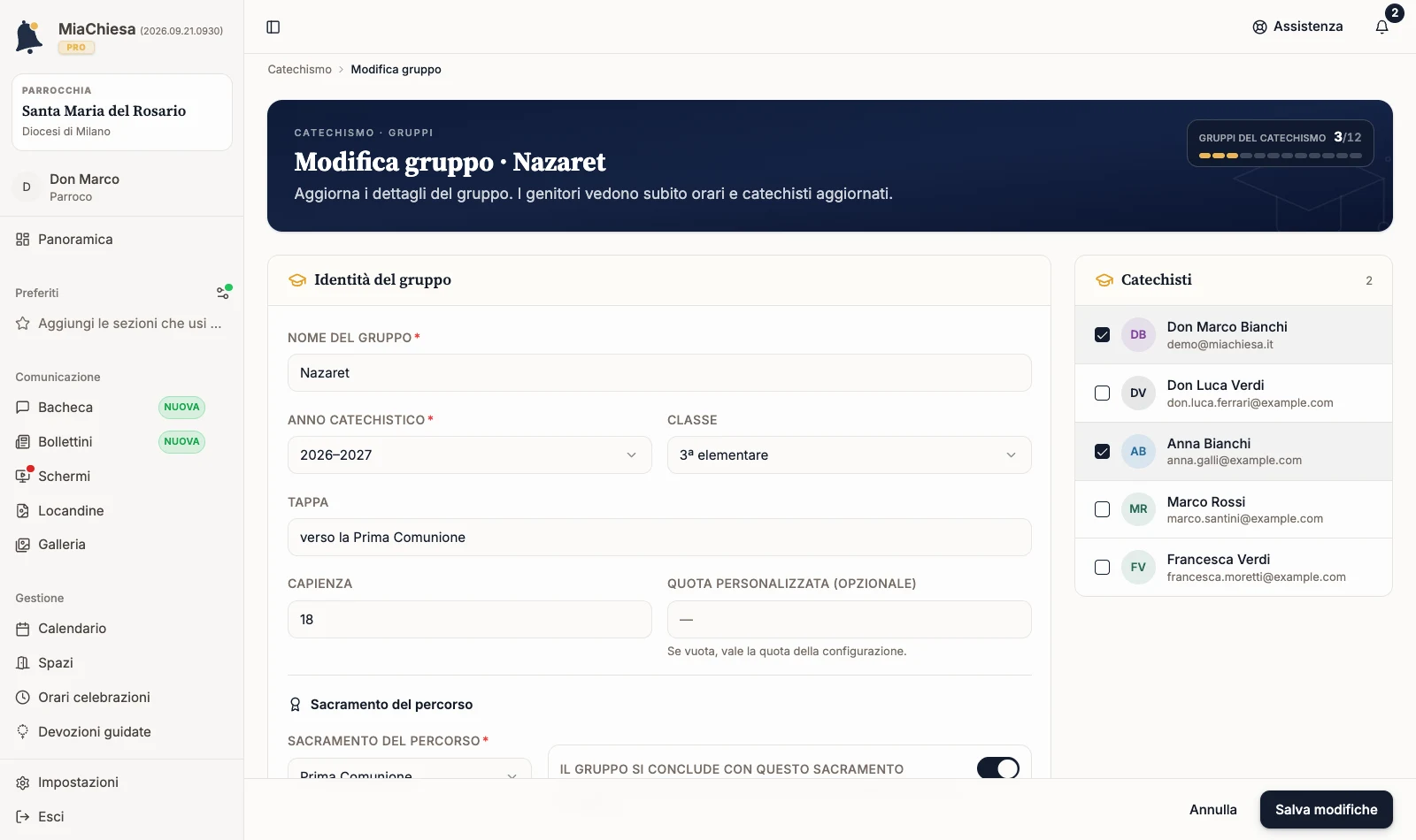 Riquadro Catechisti con una selezione modificata