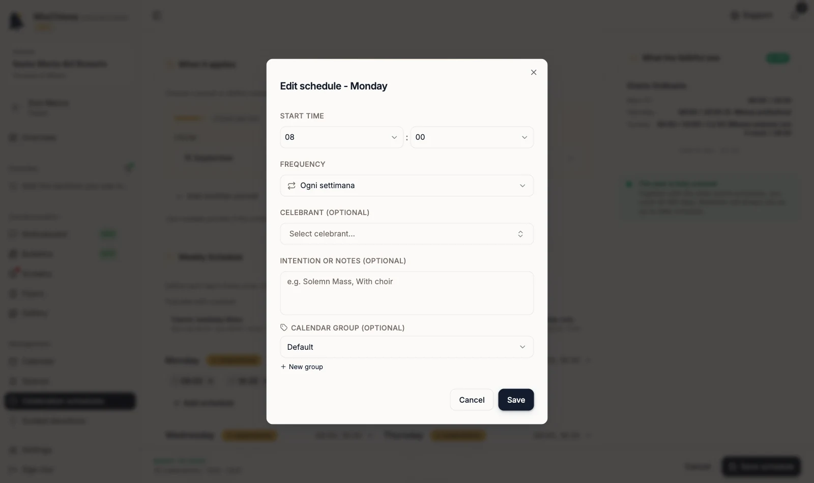 Edit schedule dialog with Calendar group set to Default