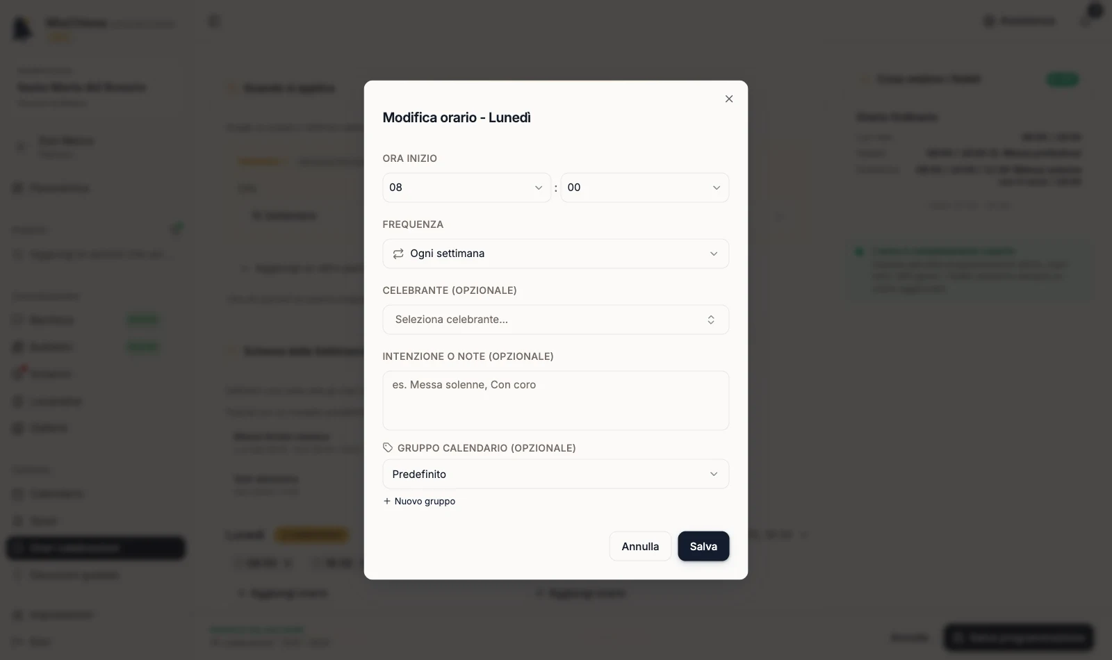 Dialog Modifica orario con il campo Gruppo calendario impostato su Predefinito