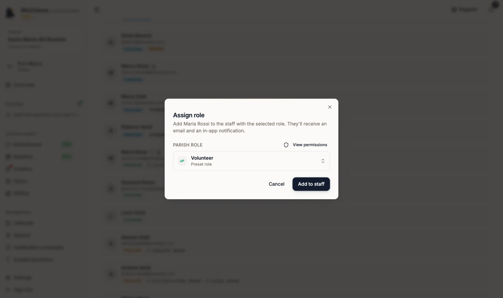 Assign role dialog with Volunteer selected
